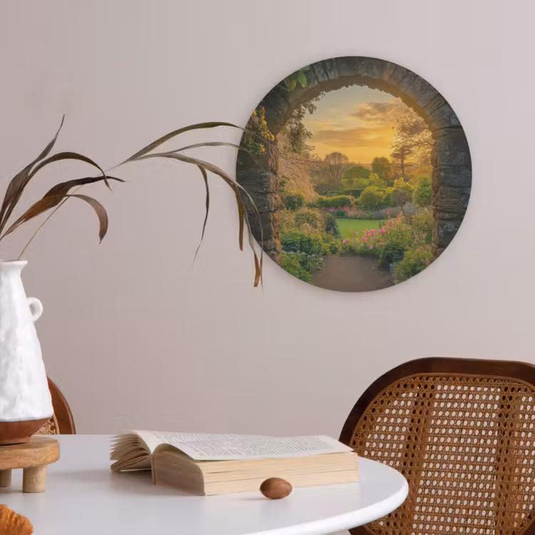 Poort - Planten - Zonsondergang Akoestische PET Vilt - Rond klein -sfeer3