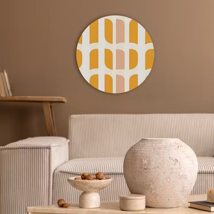 Geometrisch - Patroon - Geel - Roze Akoestische PET Vilt - Rond klein 838 -sfeer1