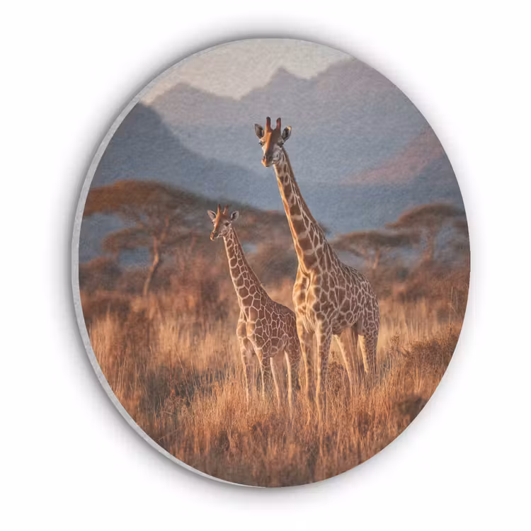 Giraffen - Hoog gras - Acaciabomen Akoestische PET Vilt - Rond klein -3d