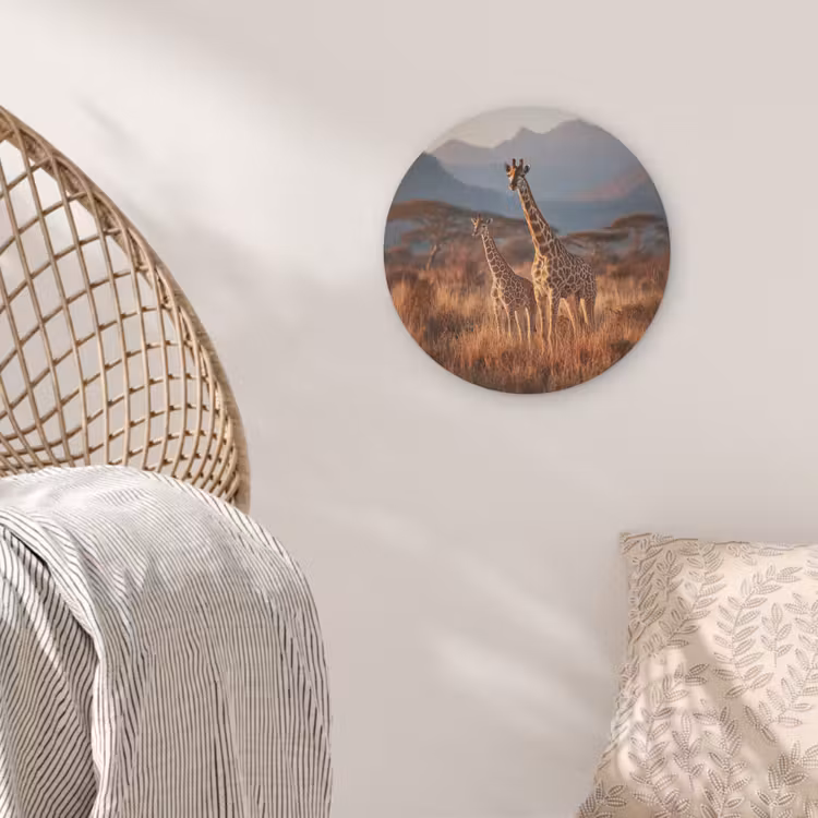 Giraffen - Hoog gras - Acaciabomen Akoestische PET Vilt - Rond klein -sfeer4