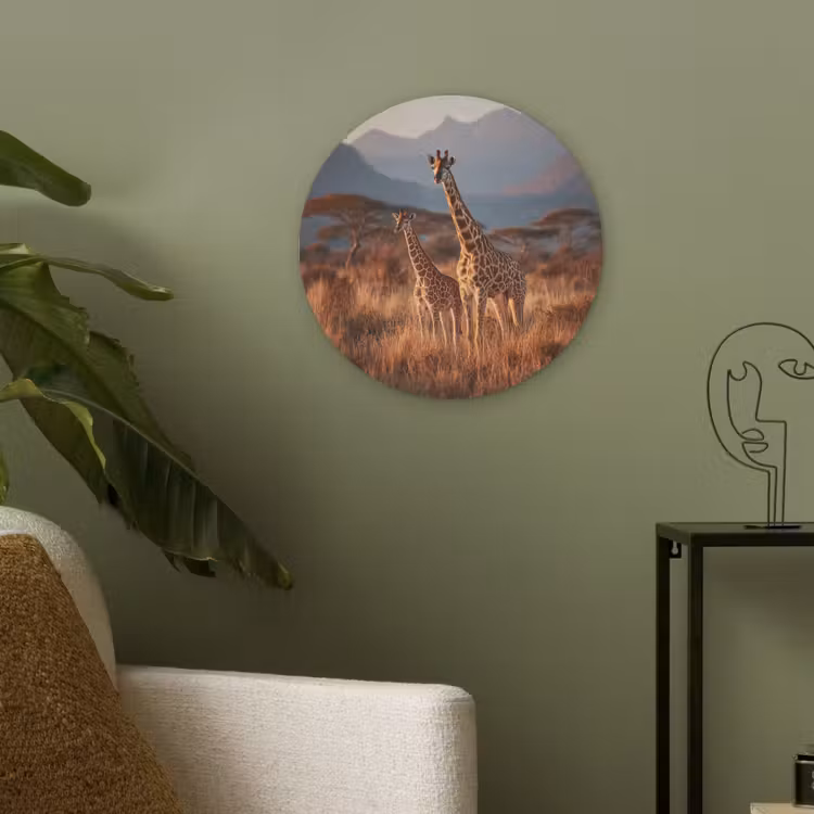 Giraffen - Hoog gras - Acaciabomen Akoestische PET Vilt - Rond klein -sfeer2