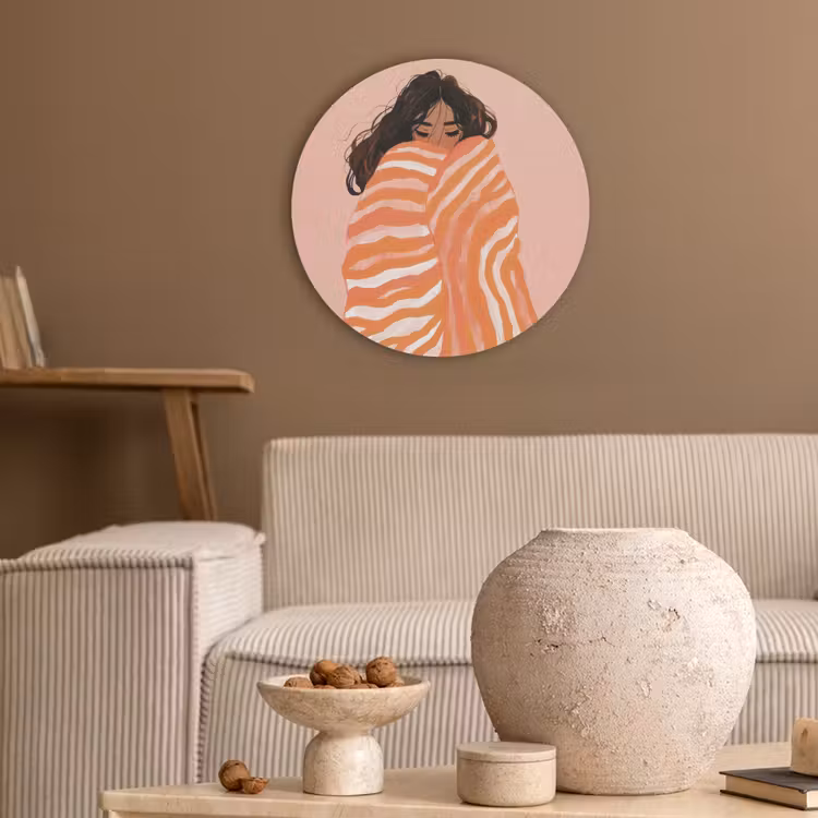 Meisje - Deken - Gestreept - Oranje Akoestische PET Vilt - Rond klein -sfeer1