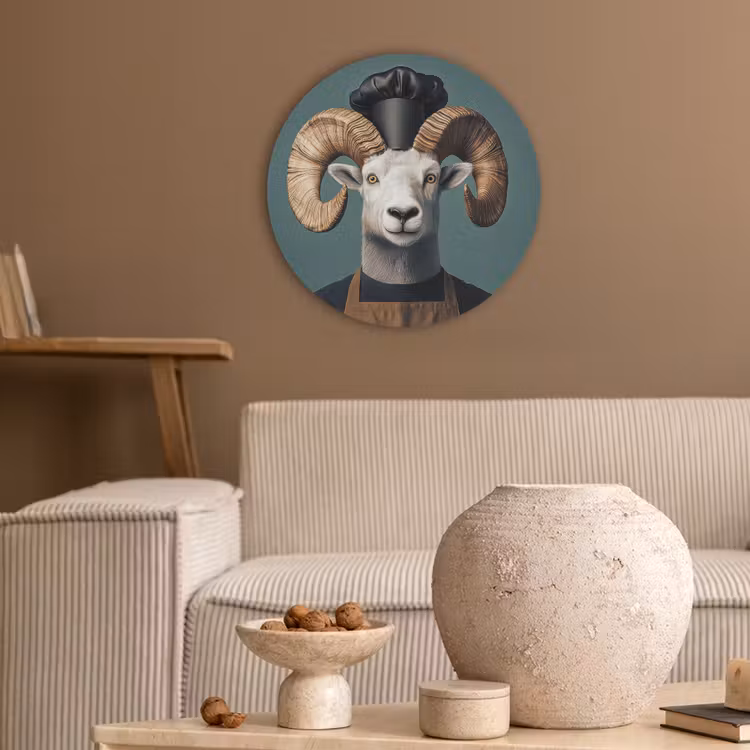 Geit - Hoorns - Kokskleding Akoestische PET Vilt - Rond klein -sfeer1