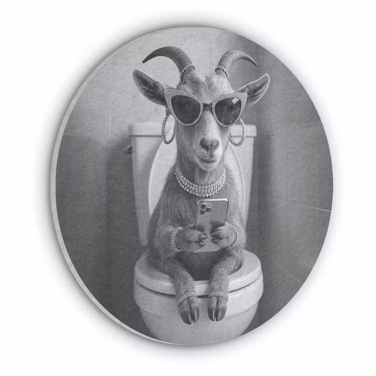 Geit - Telefoon - Toilet - Zwart - Wit Akoestische PET Vilt - Rond klein -3d