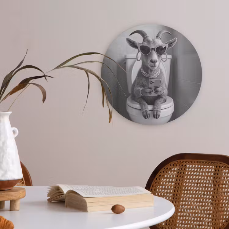 Geit - Telefoon - Toilet - Zwart - Wit Akoestische PET Vilt - Rond klein -sfeer3