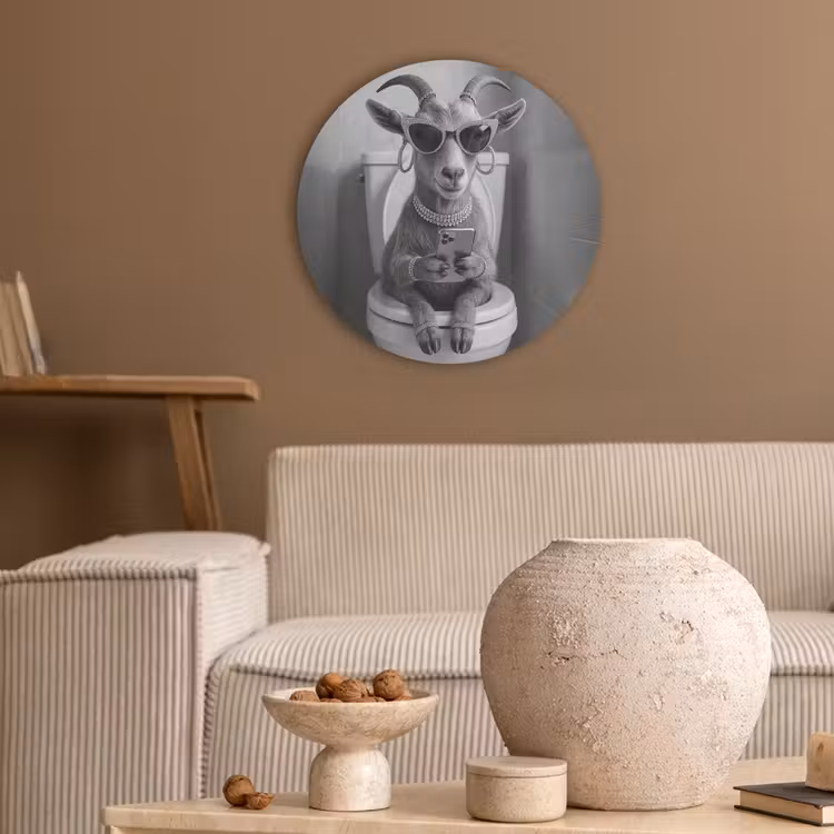 Geit - Telefoon - Toilet - Zwart - Wit Akoestische PET Vilt - Rond klein -sfeer1