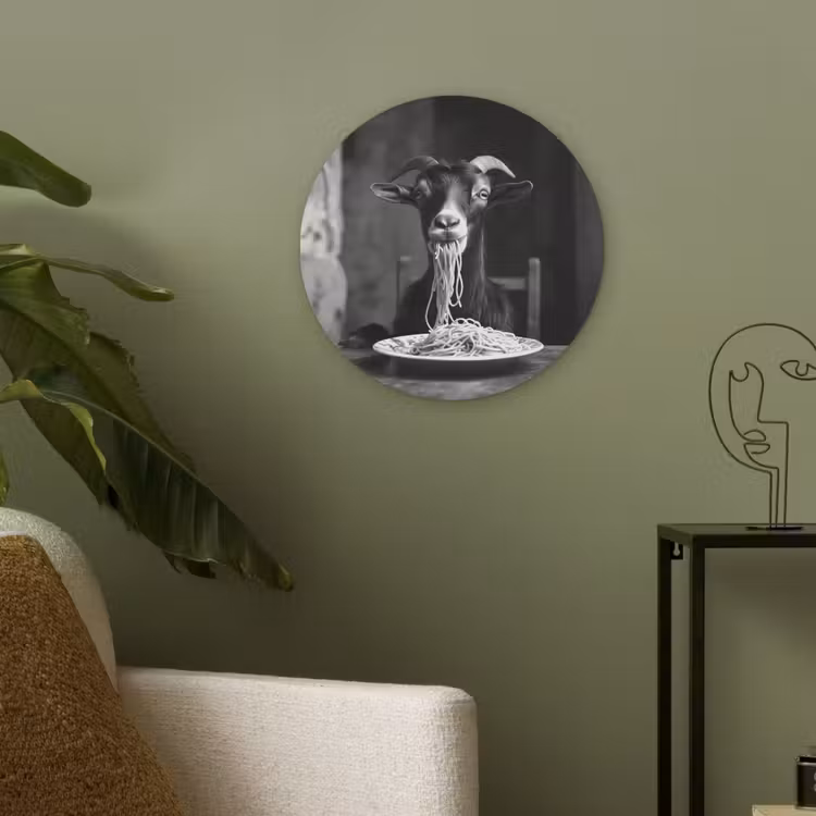Geit - Bord - Spaghetti - Zwart Wit Akoestische PET Vilt - Rond klein -sfeer2