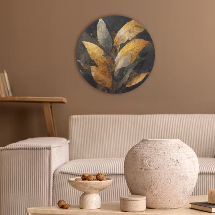 Gouden Bladcompositie – Botanische Luxe Akoestische PET Vilt - Rond klein -sfeer1