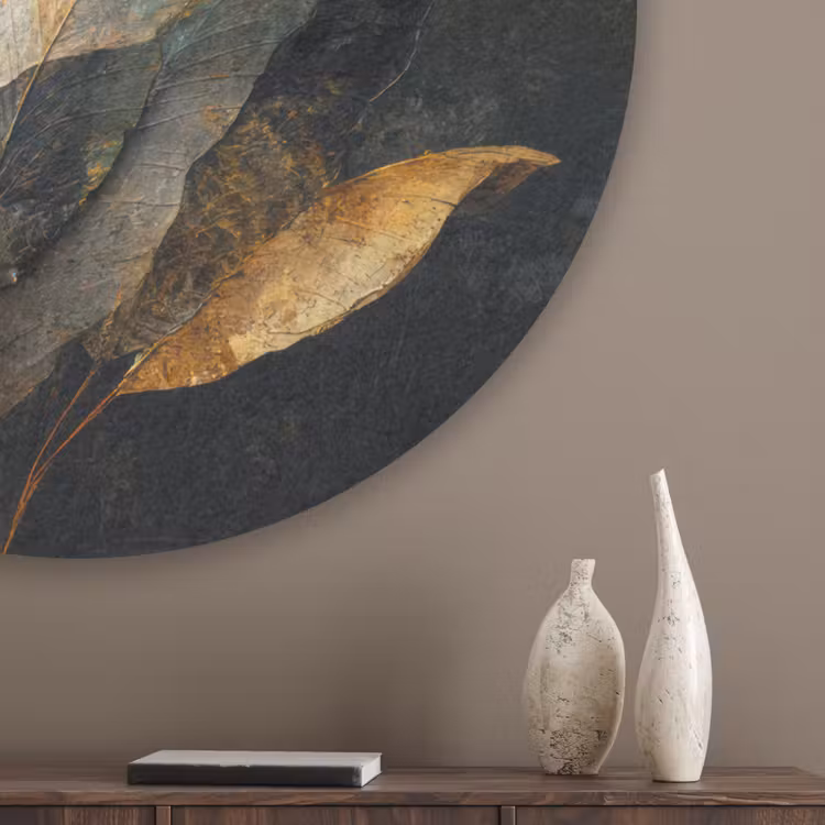 Gouden Bladcompositie – Botanische Luxe Akoestische PET Vilt - Rond klein -sfeer5_closeup