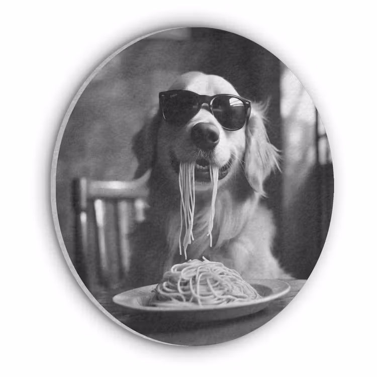Golden Retriever - Hond - Vrolijk - Bord spaghetti - Zwart - wit Akoestische PET Vilt - Rond klein -3d