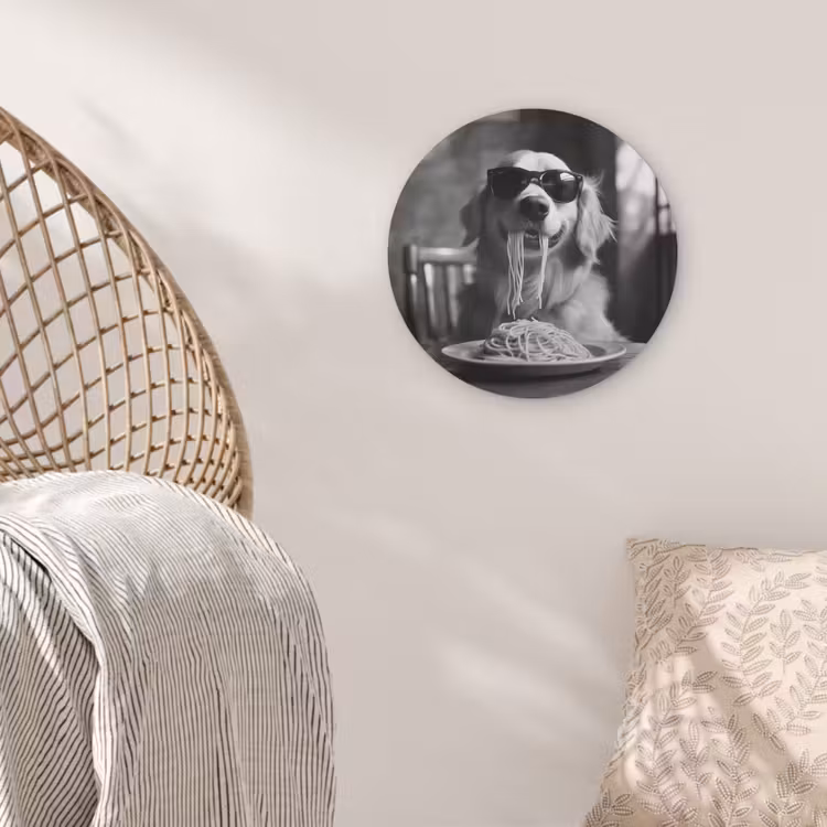 Golden Retriever - Hond - Vrolijk - Bord spaghetti - Zwart - wit Akoestische PET Vilt - Rond klein -sfeer4