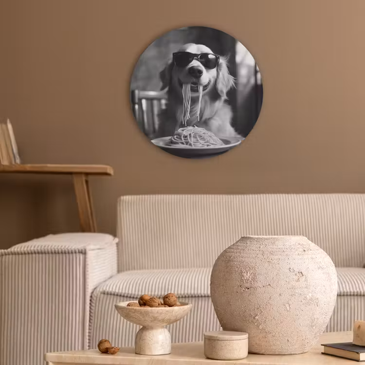Golden Retriever - Hond - Vrolijk - Bord spaghetti - Zwart - wit Akoestische PET Vilt - Rond klein -sfeer1
