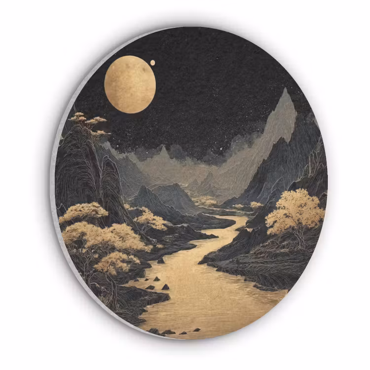 Gouden rivier - Bergen - Maan - Sterrenhemel Akoestische PET Vilt - Rond klein -3d