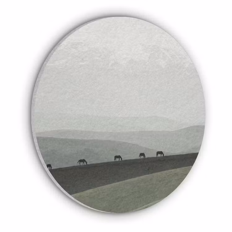 Grijs - Berg - Paarden Akoestische PET Vilt - Rond klein -3d