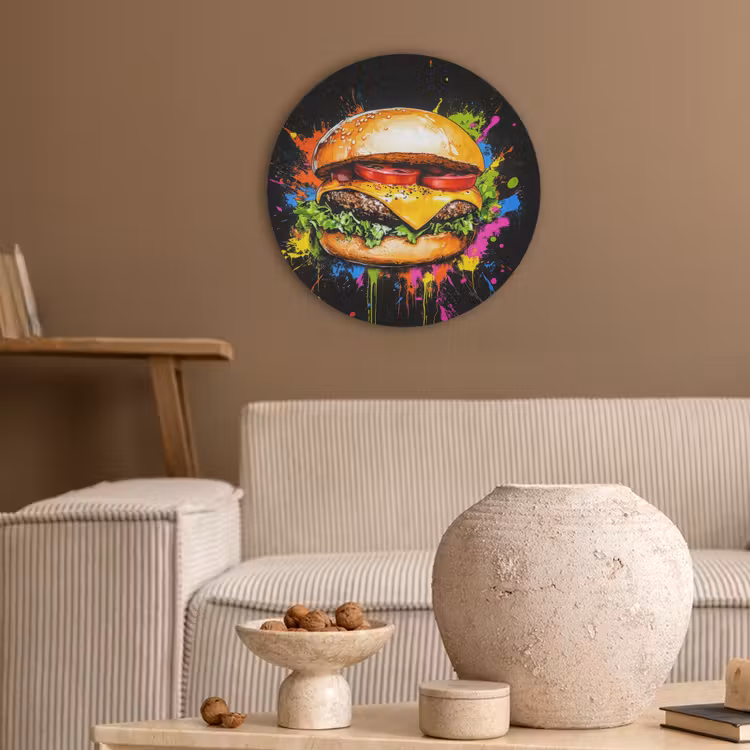 Hamburger - Graffiti - Verf - Kleurrijk - Eten - Abstract Akoestische PET Vilt - Rond klein -sfeer1