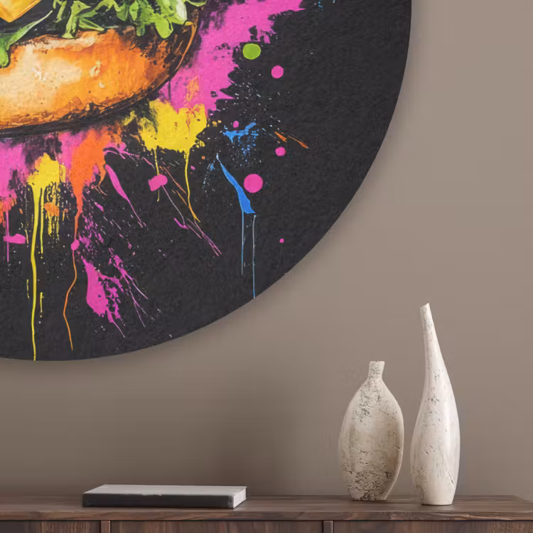 Hamburger - Graffiti - Verf - Kleurrijk - Eten - Abstract Akoestische PET Vilt - Rond klein -sfeer5_closeup