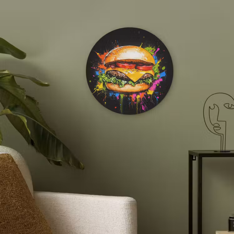 Hamburger - Graffiti - Verf - Kleurrijk - Eten - Abstract Akoestische PET Vilt - Rond klein -sfeer2