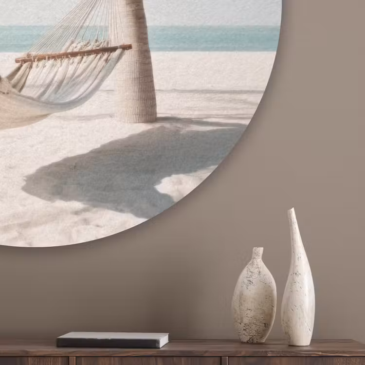 Hangmat - Palmbomen - Strand - Zee Akoestische PET Vilt - Rond klein -sfeer5_closeup