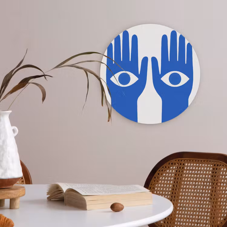 Handen - Twee - Ogen - Blauw Akoestische PET Vilt - Rond klein -sfeer3