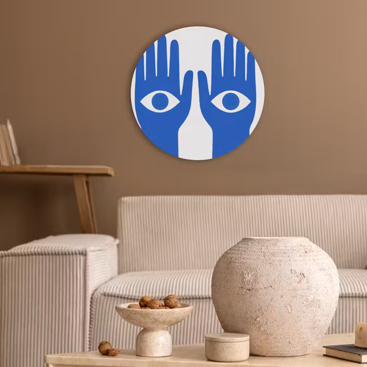 Handen - Twee - Ogen - Blauw Akoestische PET Vilt - Rond klein -sfeer1