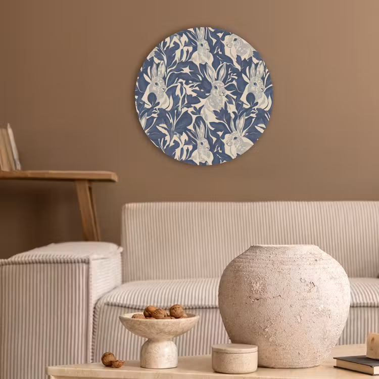Hazen - Bladeren - Patroon - Blauw - Beige Akoestische PET Vilt - Rond klein 838 -sfeer1