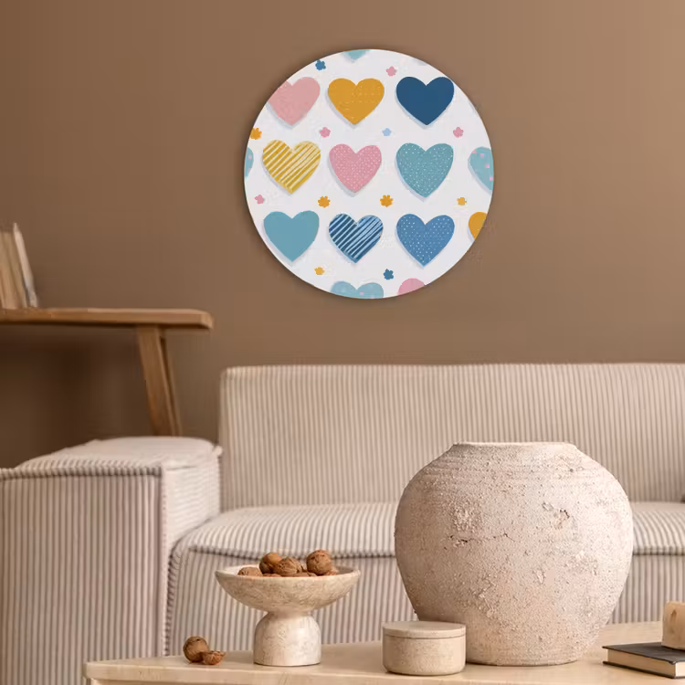 Hartjes - Pastel - Kleurcontrast - Handgetekend Akoestische PET Vilt - Rond klein -sfeer1
