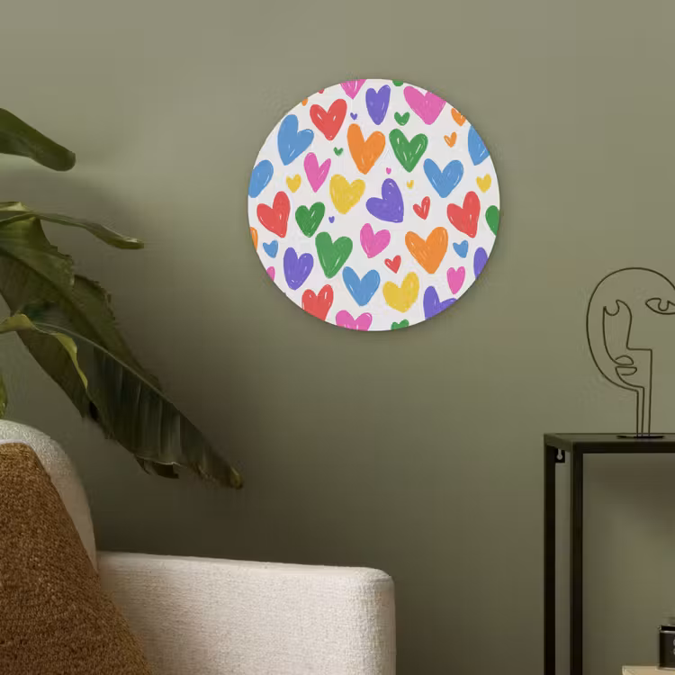 Hartjes - Patroon - Kleurrijk - Tekening Akoestische PET Vilt - Rond klein -sfeer2