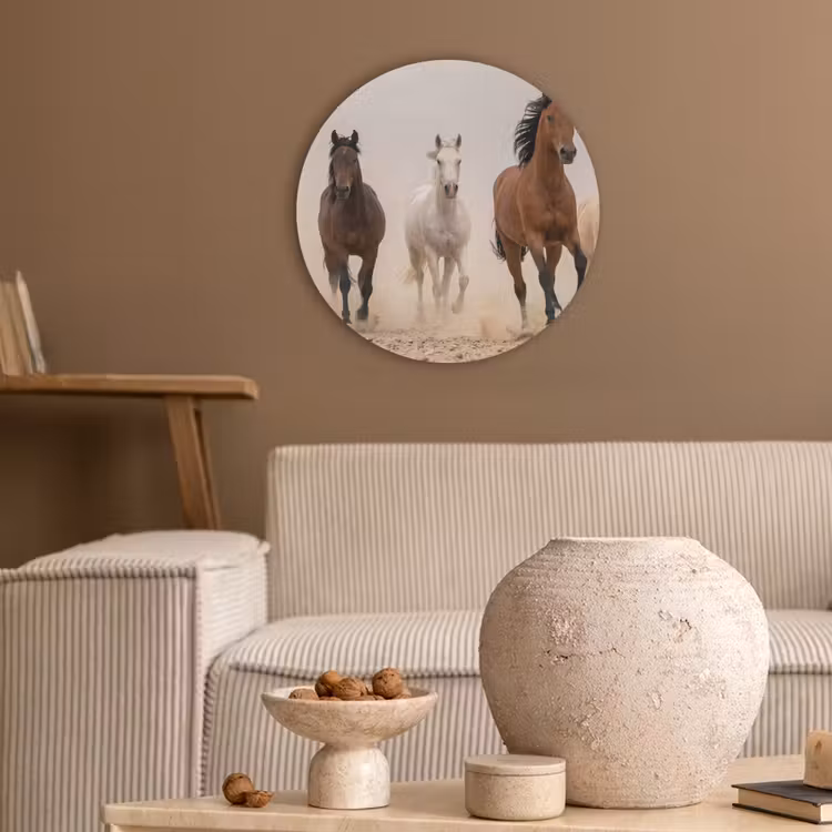 Kudde paarden - Stofwolk - Bruin - Zwart Akoestische PET Vilt - Rond klein -sfeer1