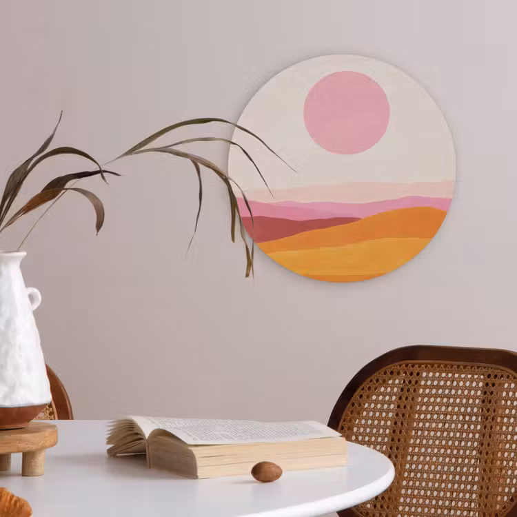 Heuvels - Oranje - Zon - Abstract Akoestische PET Vilt - Rond klein -sfeer3
