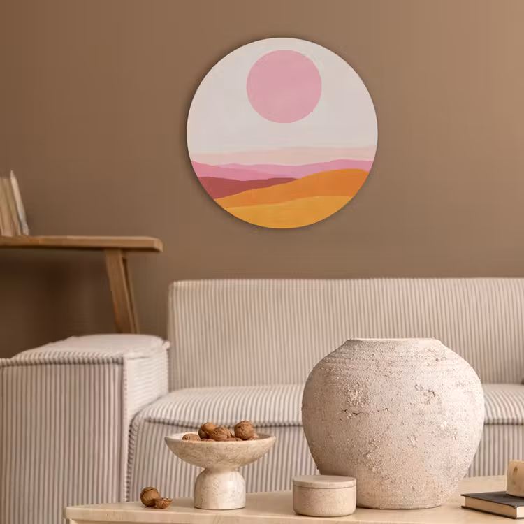 Heuvels - Oranje - Zon - Abstract Akoestische PET Vilt - Rond klein -sfeer1