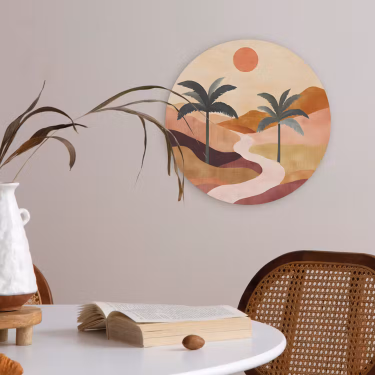 Heuvels - Palmbomen - Abstract Akoestische PET Vilt - Rond klein -sfeer3