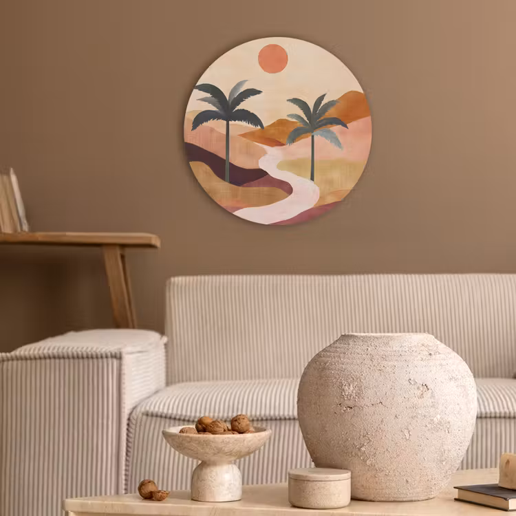 Heuvels - Palmbomen - Abstract Akoestische PET Vilt - Rond klein -sfeer1