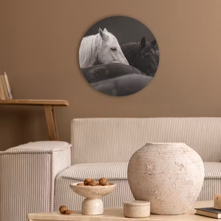 Paarden - Zwart - Wit - Kudde Akoestische PET Vilt - Rond klein -sfeer1