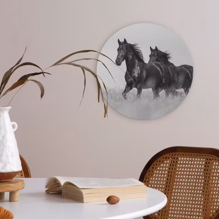 Paarden - Gras - Zwart - Wit Akoestische PET Vilt - Rond klein -sfeer3