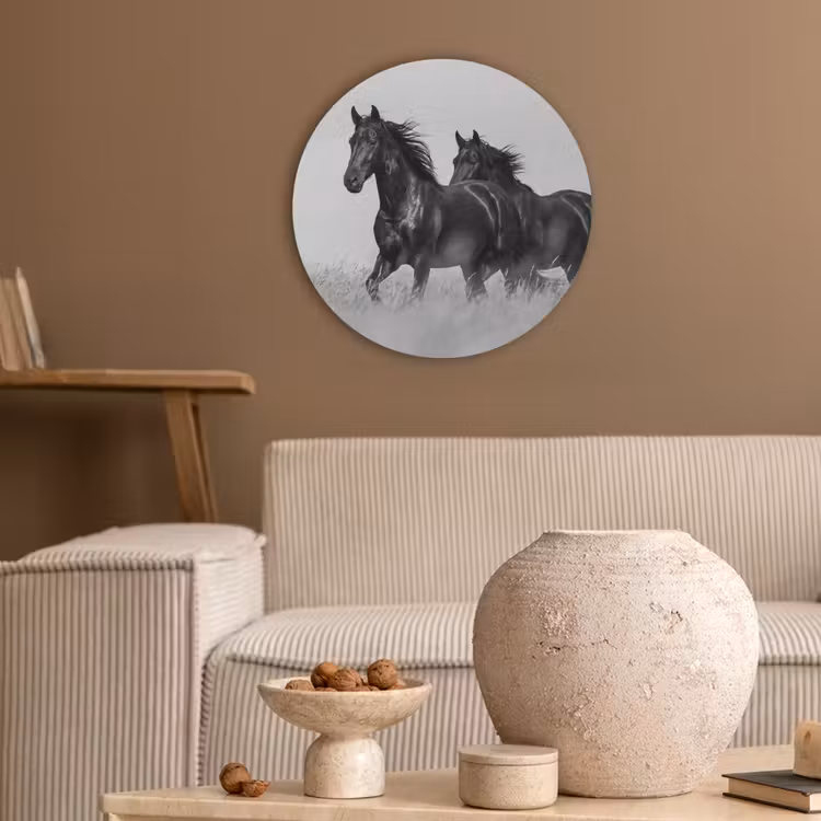 Paarden - Gras - Zwart - Wit Akoestische PET Vilt - Rond klein -sfeer1