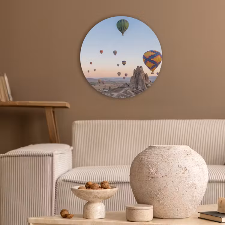 Luchtballonnen - Rotsen - Zonsopgang Akoestische PET Vilt - Rond klein -sfeer1