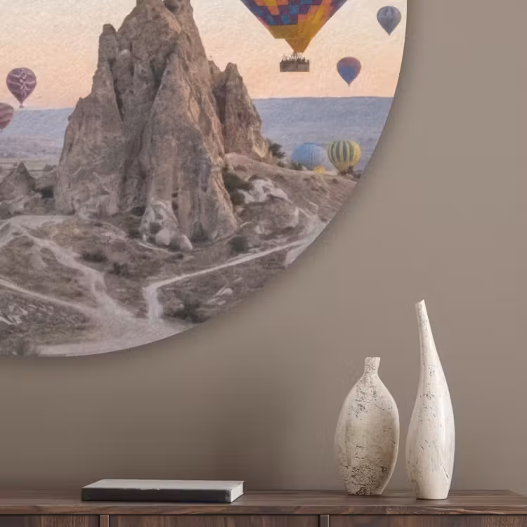 Luchtballonnen - Rotsen - Zonsopgang Akoestische PET Vilt - Rond klein -sfeer5_closeup