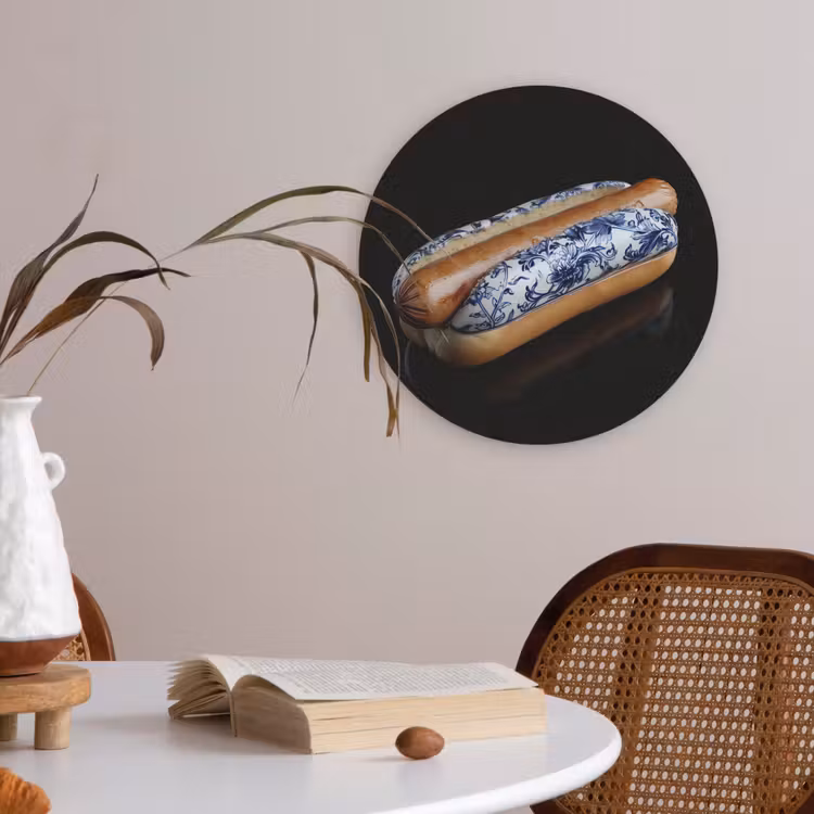 Hotdog - Porselein - Delfts blauw - Eten Akoestische PET Vilt - Rond klein -sfeer3