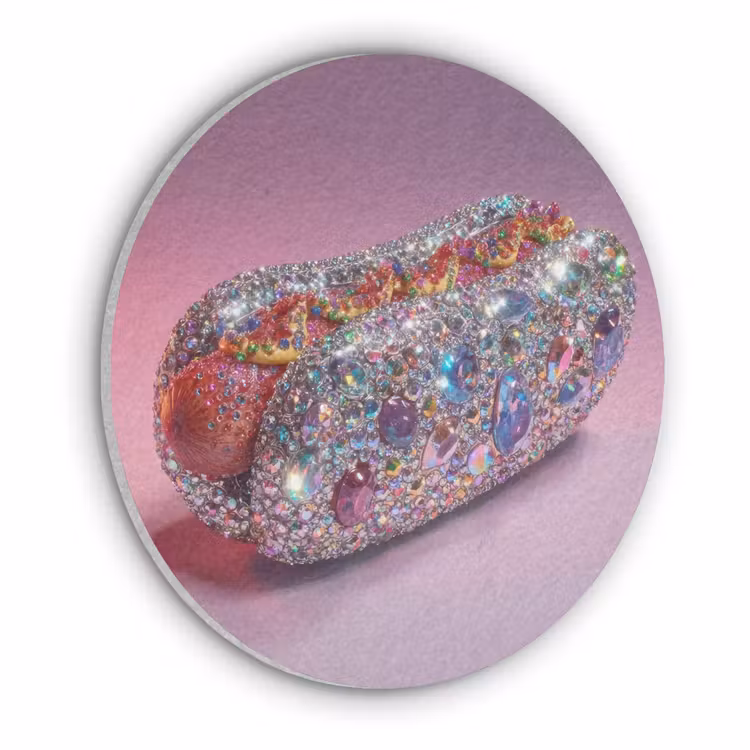 Hotdog - Steentjes - Glitters - Paars Akoestische PET Vilt - Rond klein -3d
