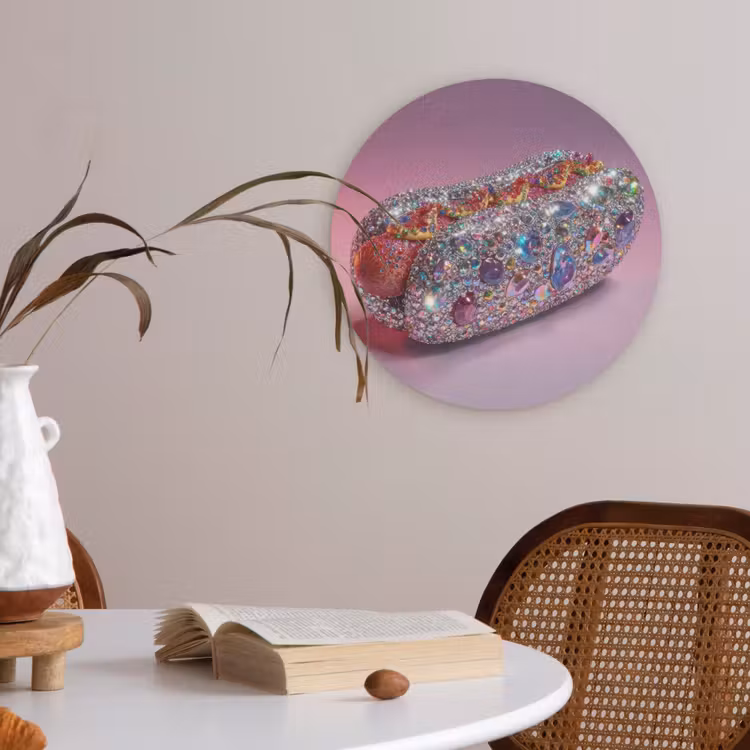 Hotdog - Steentjes - Glitters - Paars Akoestische PET Vilt - Rond klein -sfeer3
