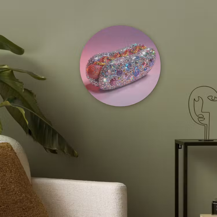 Hotdog - Steentjes - Glitters - Paars Akoestische PET Vilt - Rond klein -sfeer2