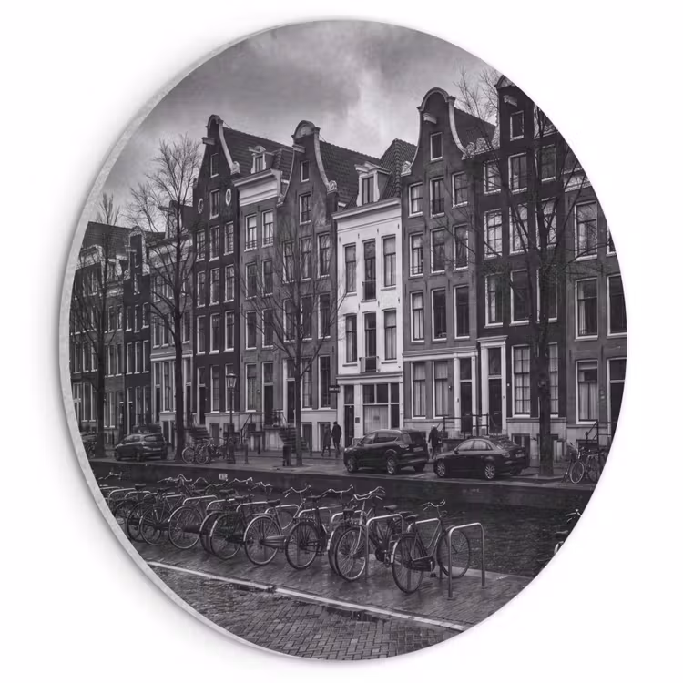 Huis - Gracht - Amsterdam - Architectuur - Zwart-wit Akoestische PET Vilt - Rond klein -3d