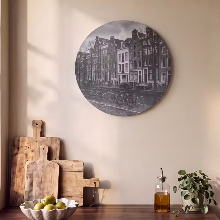 Huis - Gracht - Amsterdam - Architectuur - Zwart-wit Akoestische PET Vilt - Rond klein -sfeer2