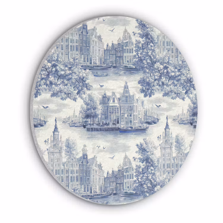 Huizen - Bomen - Water - Vogels - Blauw Akoestische PET Vilt - Rond klein 838 -3d