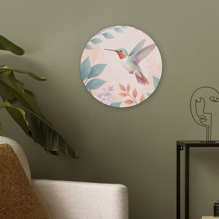 Kolibrie - Vliegen - Natuur - Illustratie - Kleurrijk Akoestische PET Vilt - Rond klein -sfeer2