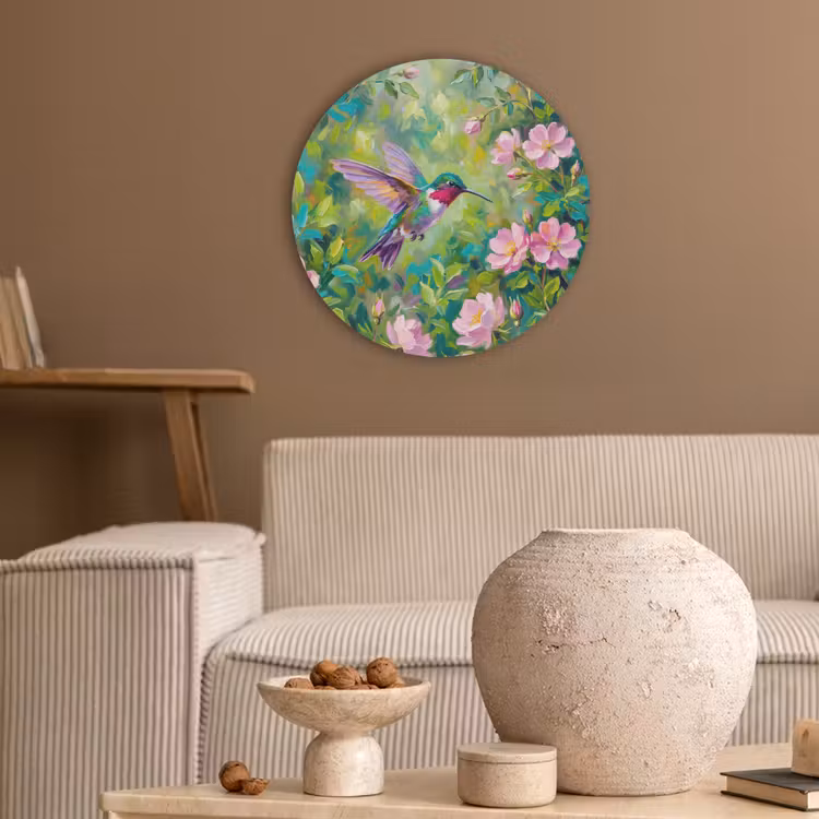 Kolibrie - Bloemen - Natuur - Kleurrijk Akoestische PET Vilt - Rond klein -sfeer1