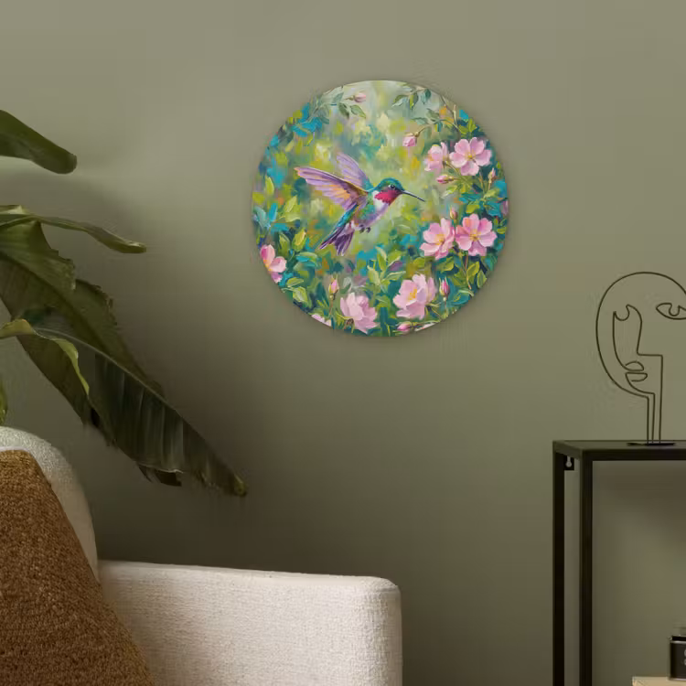 Kolibrie - Bloemen - Natuur - Kleurrijk Akoestische PET Vilt - Rond klein -sfeer2