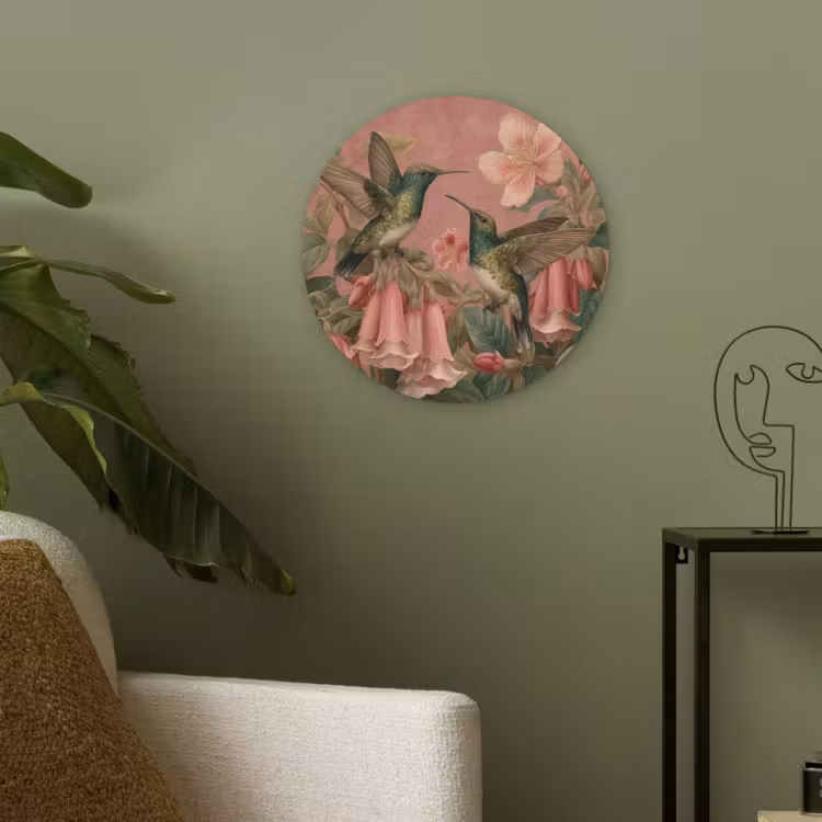 Kolibries - Bloemen - Groen - Roze Akoestische PET Vilt - Rond klein -sfeer2