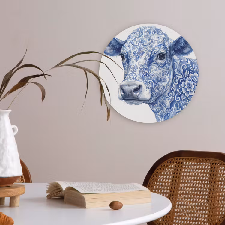 Illustratie - Koe - Blauw Akoestische PET Vilt - Rond klein -sfeer3
