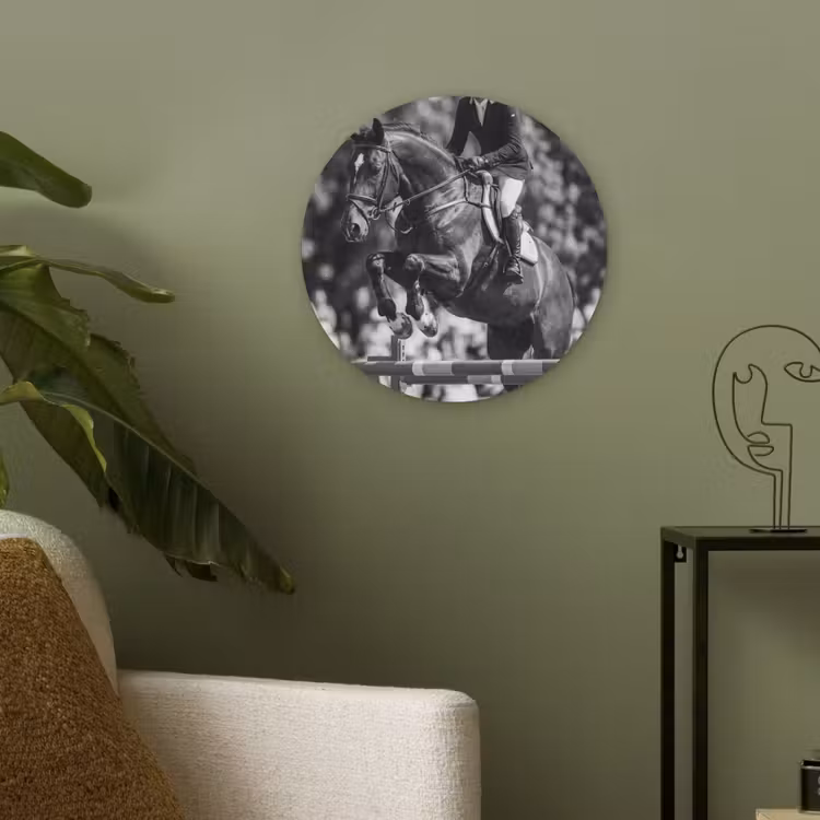 Springen - Paard - Zwart - Wit Akoestische PET Vilt - Rond klein -sfeer2